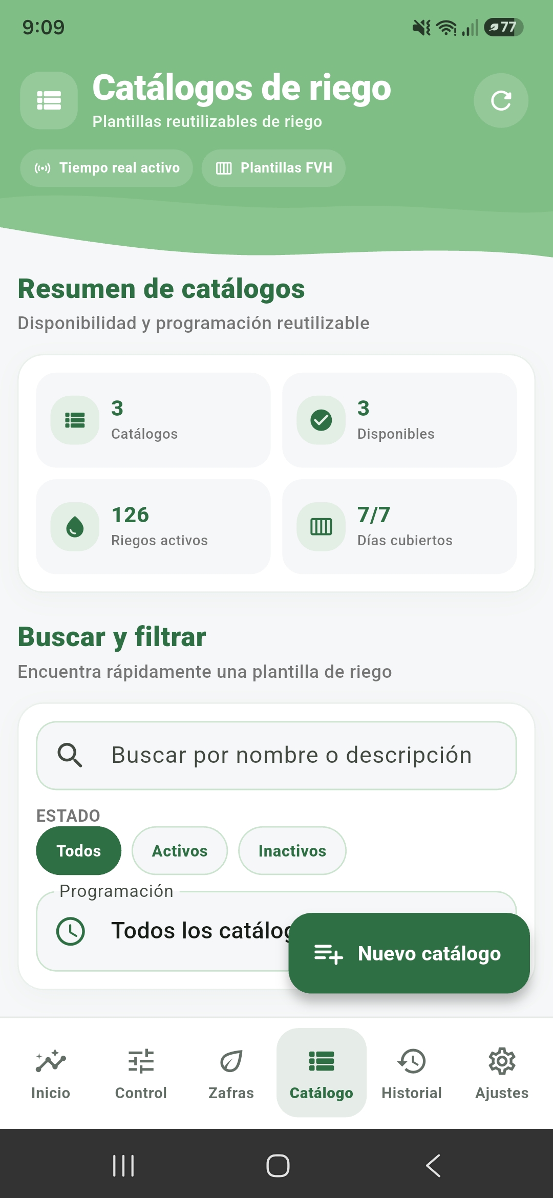 Catálogo y programación de riegos de la aplicación FVH